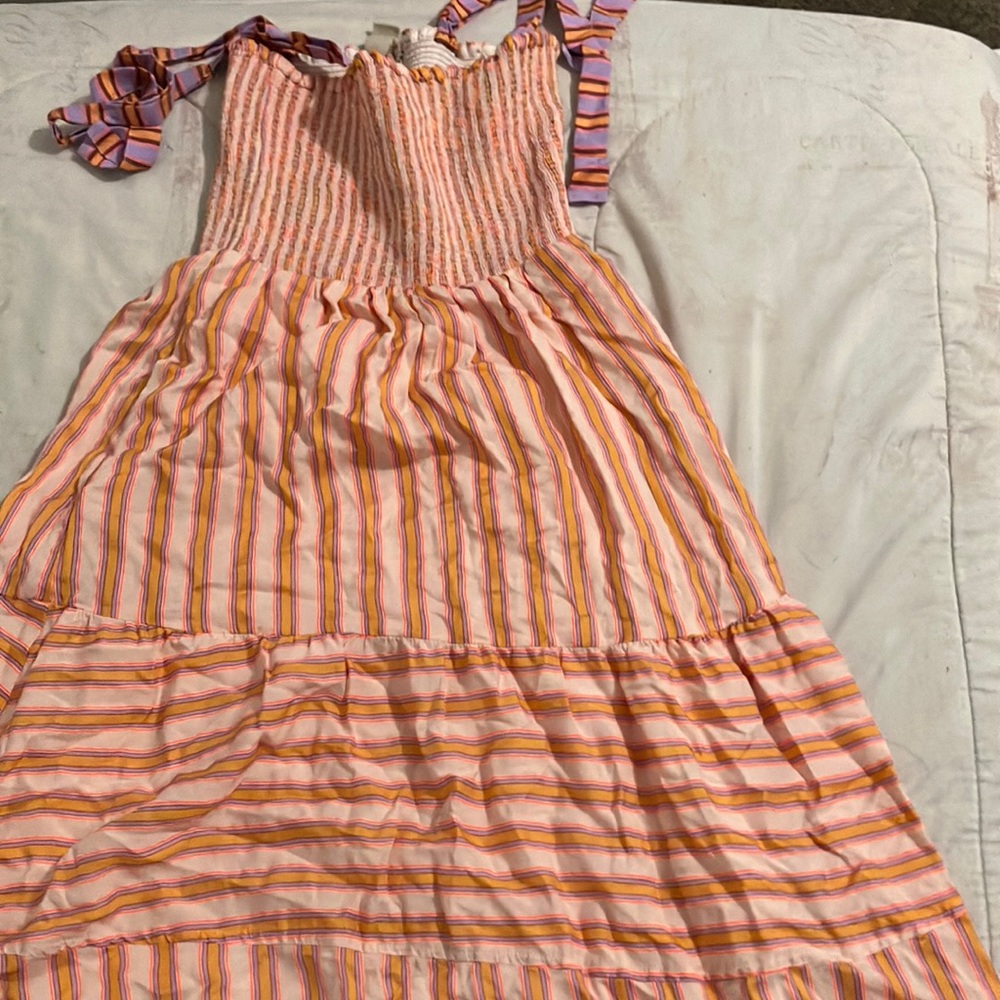 Maxi Dolan petite extra small orange, white, pink, and purple dress.